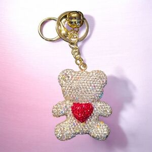 Rhinestone Teddy Bear Bag Charm Keychain | Crystal Bear Purse Charm | Gold Tone